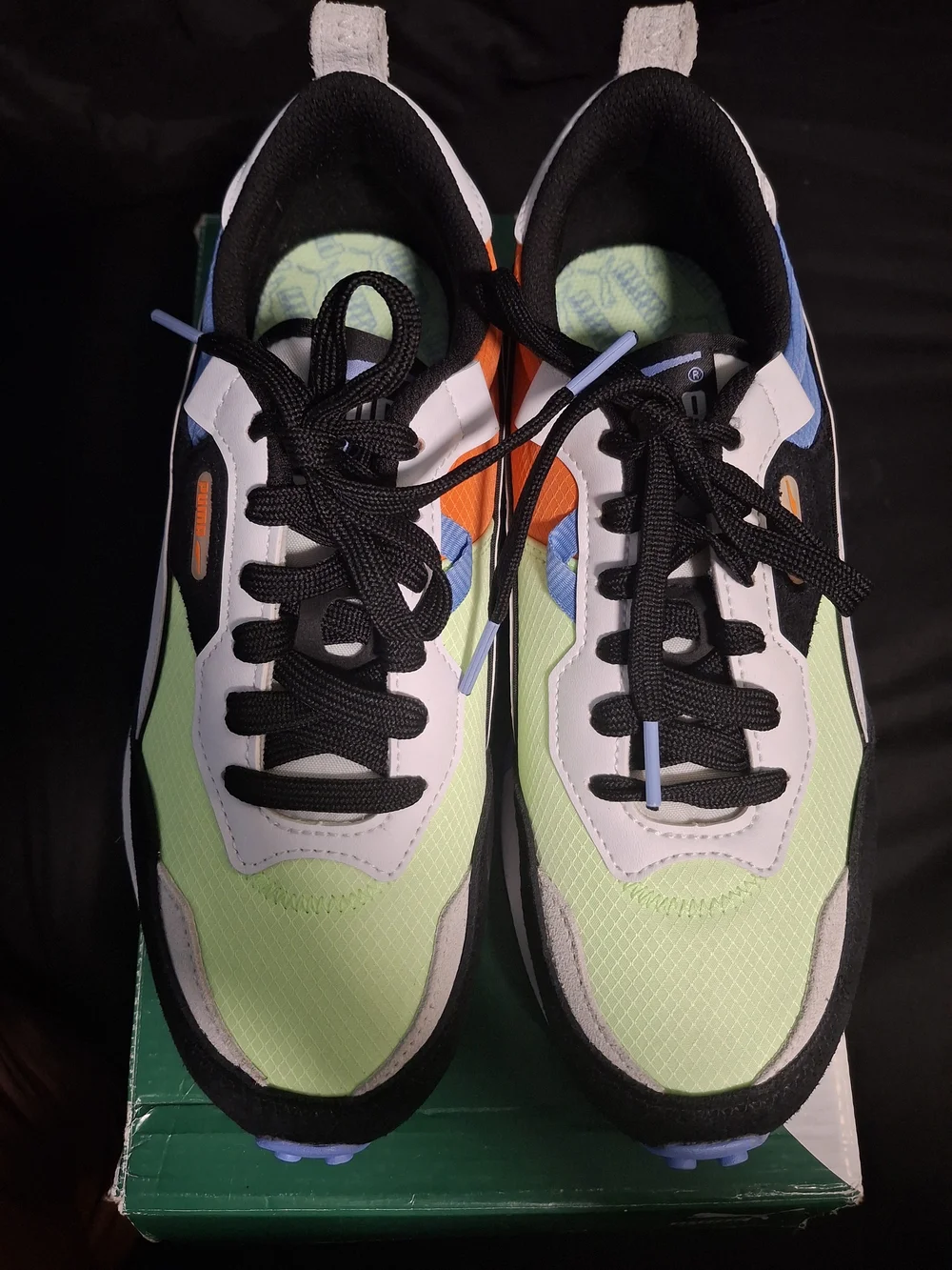 Puma Big Kids Chunky Trainer White Black Lime Green with Blue and Orange Accents
